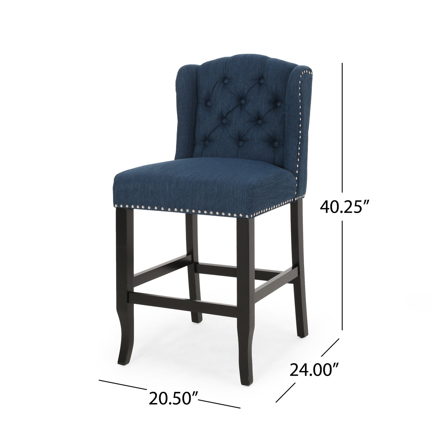 Vandalisa - Set of 2 - 27" Navy Blue & Dark Brown Fabric Tufted Wingback Counter Stools