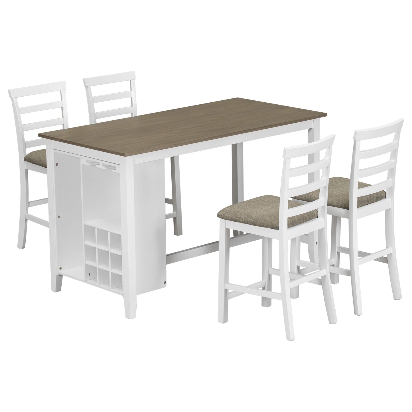 Winchester - Set of 5 - 25" Rubber Wood Counter Height Dining Set with Padded Chairs and Wine Storage - Rustic Brown & White Wash Finish