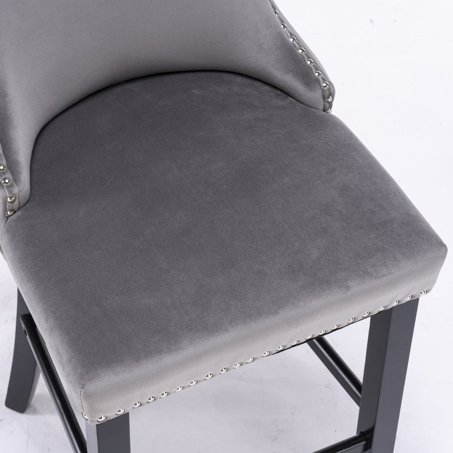 Vallith - Set of 2 - 26" Gray Velvet Wing-Back Barstools with Button Tufted Decoration, Wooden Legs, and Chrome Nailhead Trim