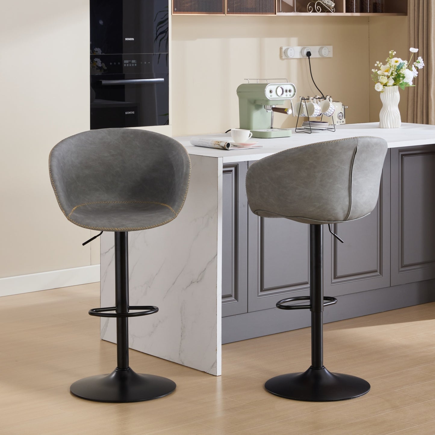 Garlandy - Set of 2 - 24'' - Adjustable Swivel Bar Stools - Mid-Century Modern PU Leather Counter Height Chairs with Ergonomic Backrest and 360° Rotation