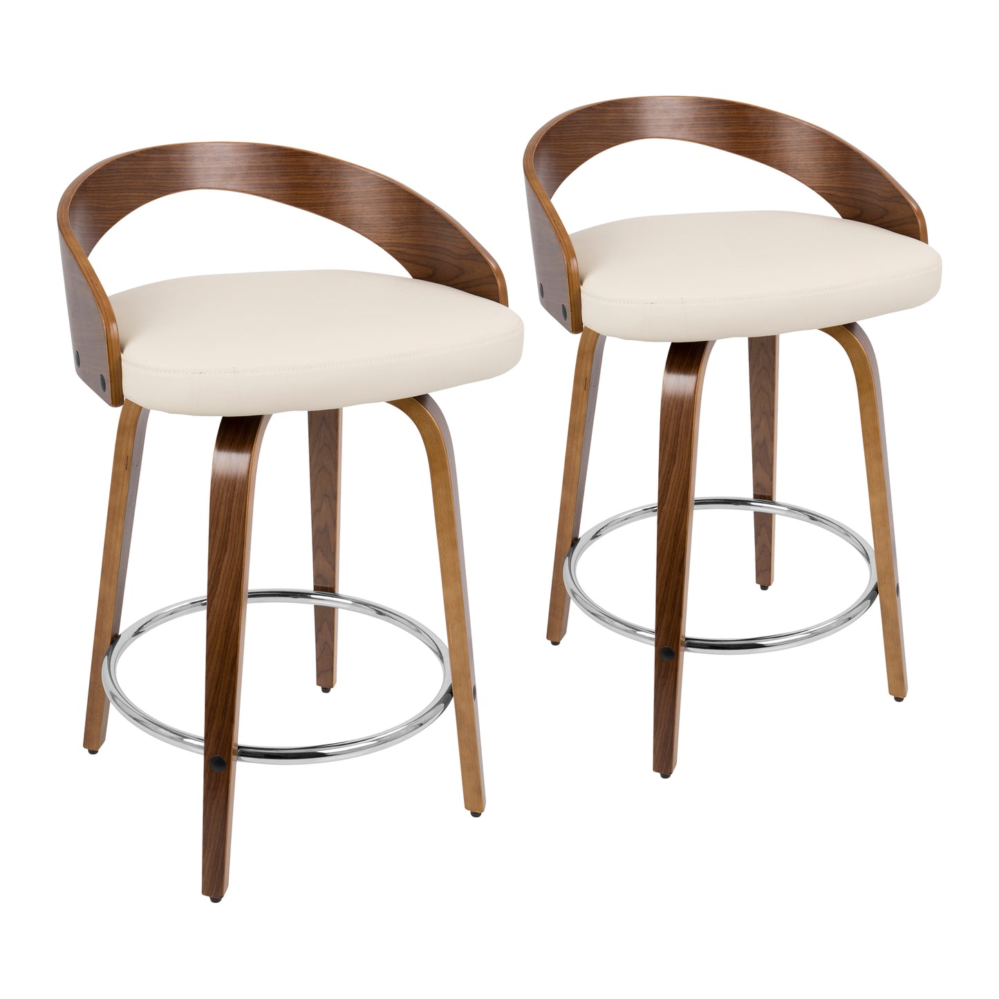 Gunner - Set of 2 - 30" Walnut Wood Mid-Century Modern Swivel Counter Stools with Cream Faux Leather