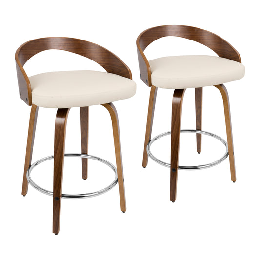 Gunner - Set of 2 - 30" Walnut Wood Mid-Century Modern Swivel Counter Stools with Cream Faux Leather