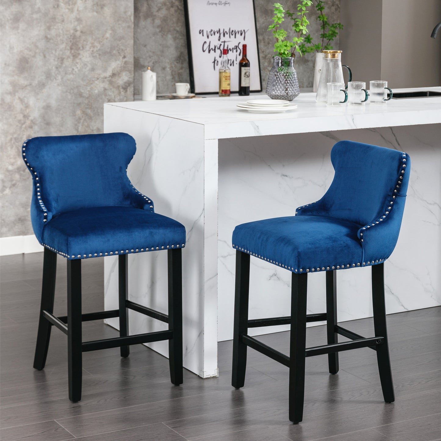 Emilia - Set of 2 - 27" Blue Velvet Upholstered Wing-Back Bar Stools with Button Tufted Decoration and Wooden Legs, Chrome Nailhead Trim