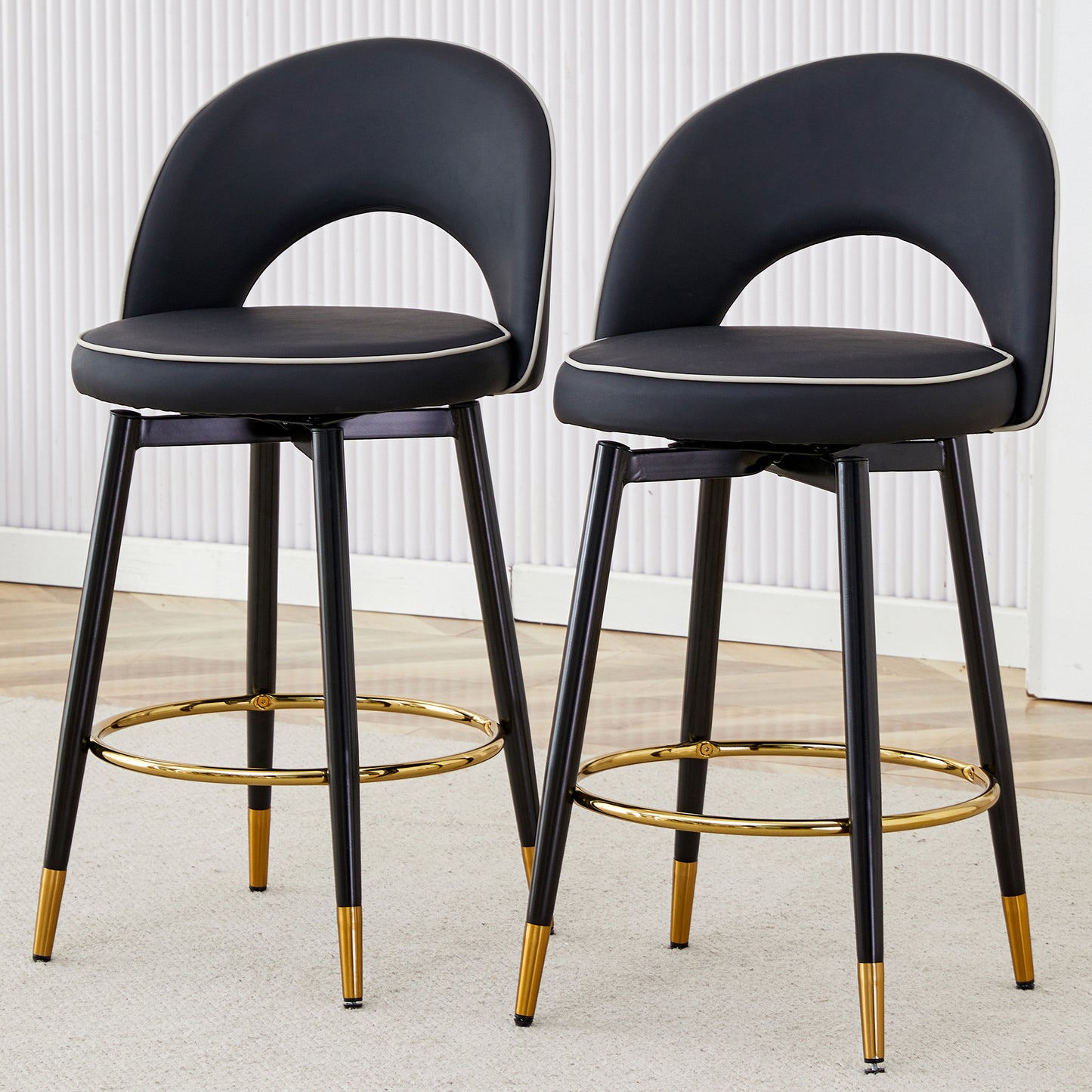 Zyfer - Set of 2 - 29" Black Bar Stools with 360° Swivel PU Leather Seats and Metal Legs