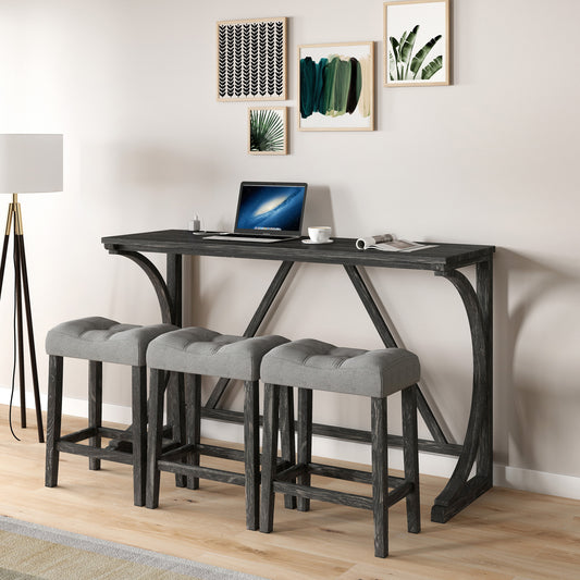 Avignon - Set of 4 - 24" Industrial Bar Table (59" x 19") with 3 Ergonomic Stools, Grey and Black Finish