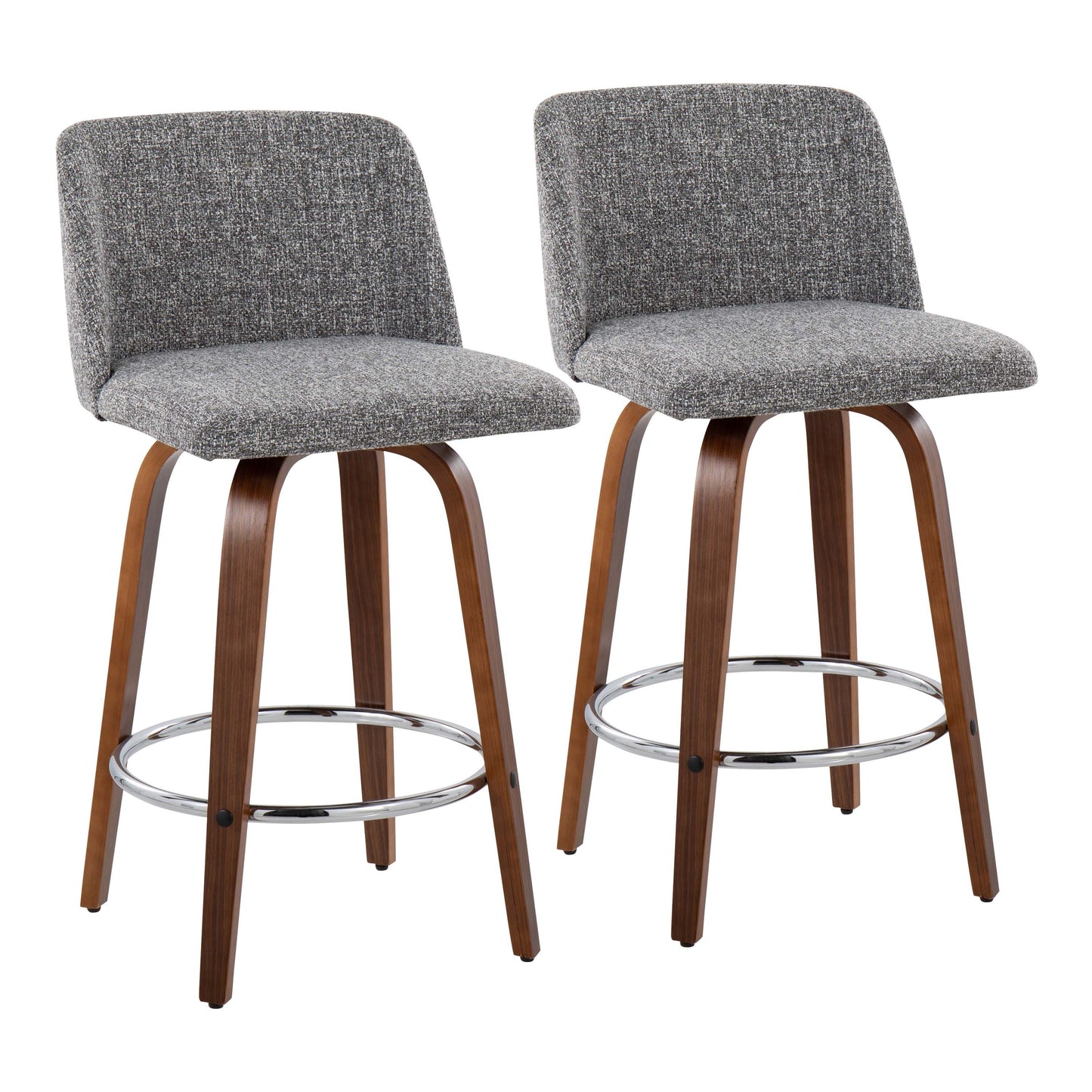 Venitha - Set of 2 - 24" Walnut Wood Counter Stools with Chrome Footrest and Grey Upholstery