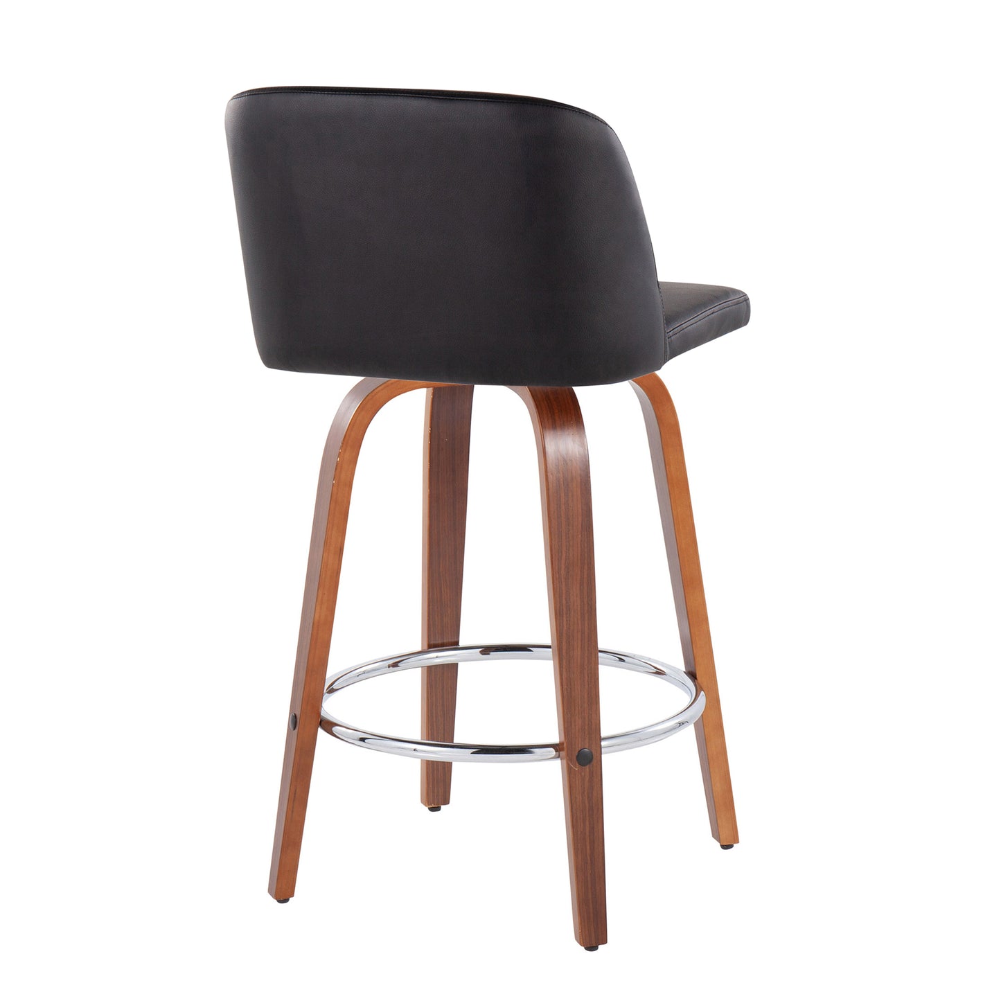 Tavolyn - Set of 2 - 24" Mid-Century Modern Counter Stools with Black Faux Leather, Walnut Wood Frame, and Chrome Footrest