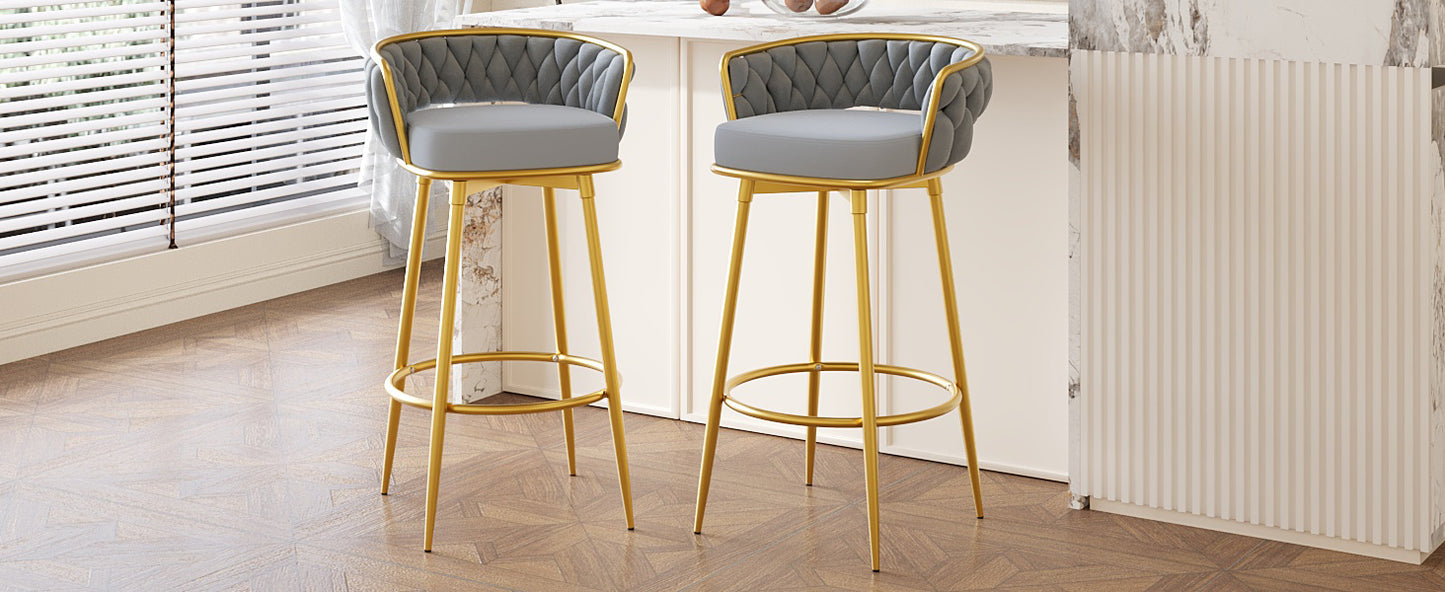 Noble - Set of 2 - 24" - 26" Grey Swivel Counter Stools with Hand-Woven Backrest and Gold Metal Legs