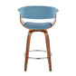 Hanford - Set of 2 -24"- Walnut Wood & Blue Fabric Mid-Century Counter Stools with 360° Swivel