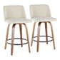 Tretz - Set of 2 - 26" Walnut & Cream Mid-Century Modern Counter Stools with Upholstered Seat