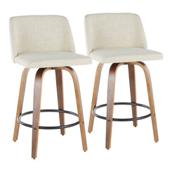 Tretz - Set of 2 - 26" Walnut & Cream Mid-Century Modern Counter Stools with Upholstered Seat