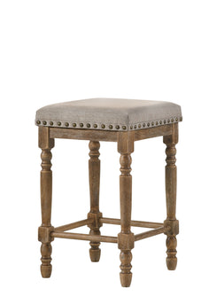 Valala - Set of 2 - 24" Beige Fabric & Weathered Oak Counter Height Stools with Upholstered Seats and Nailhead Trim in Transitional Style