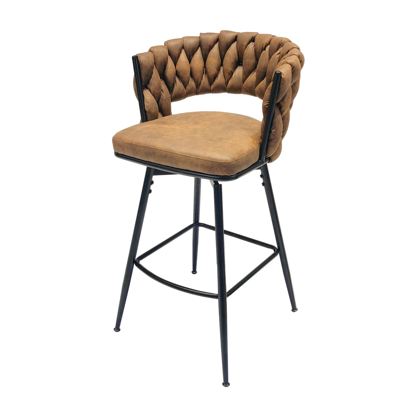 Millington- Set of 2 - 25" Woven Leather Counter Stools with 360° Swivel, Brown & Black Finish, Upholstered Technical Leather, Sturdy Metal Base