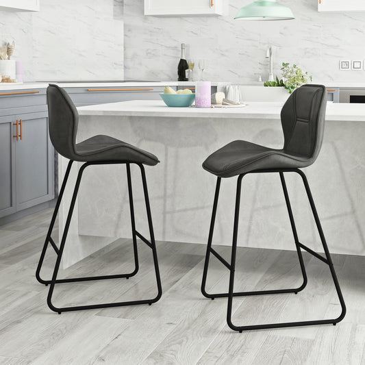 Selma - Set of 2 - 24" Gray PU Leather Bar Stools with High-Density Sponge, Adjustable Footrest, Counter Height for Kitchen & Dining Rooms