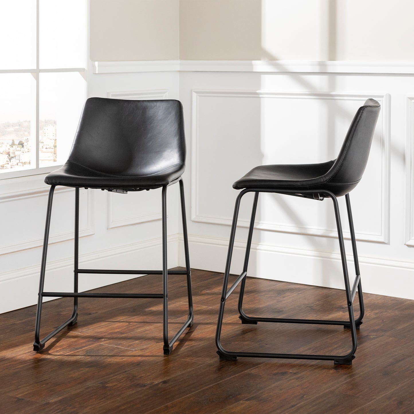 Larenzo - Set of 2 - 26" Black Faux Leather Counter Stools, High Backrest, Sturdy Metal Legs, Industrial Design