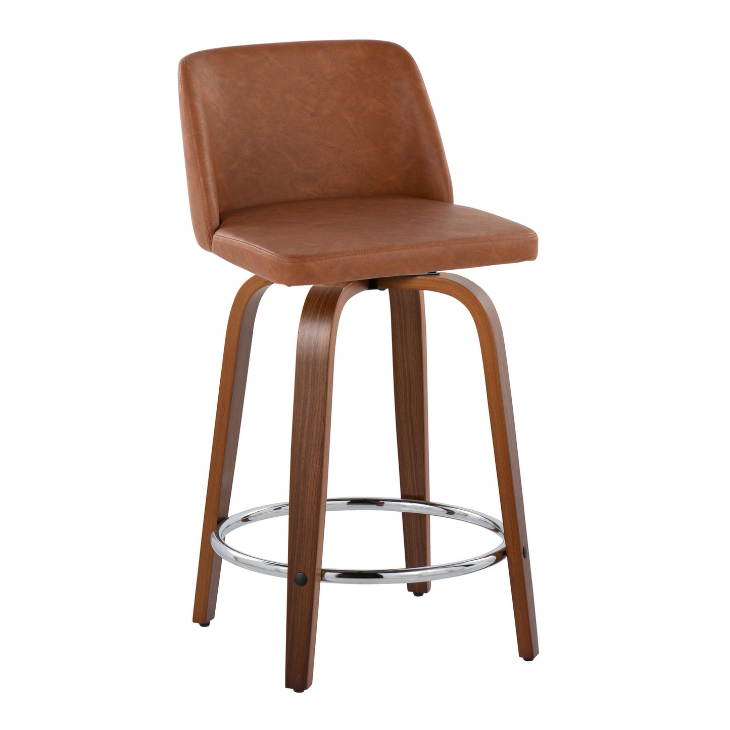 Torin - Set of 2 - 24" Mid-Century Modern Fixed-Height Swivel Counter Stools in Walnut Wood & Camel Faux Leather with Chrome Metal Footrest