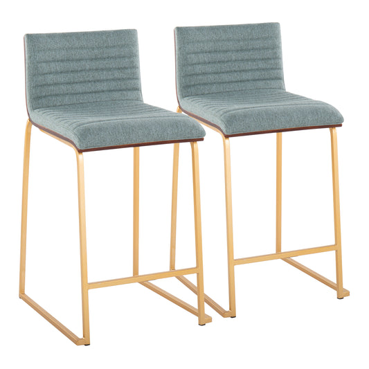 Moravelle - Set of 2 - 26" Fixed-Height Contemporary Counter Stool with Gold Metal Frame, Walnut Wood, and Green Fabric, Luxe Design by LumiSource