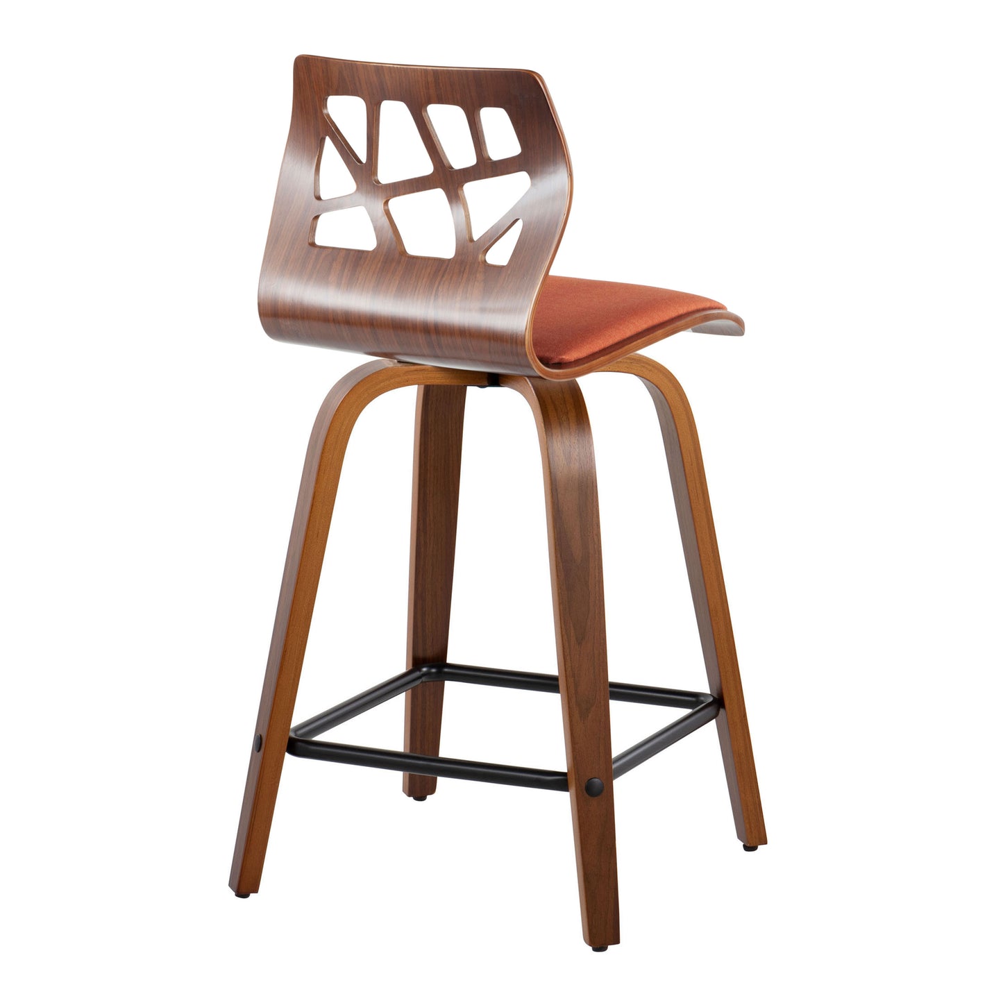 Fairmont - Set of 2 - 24" Mid-Century Modern Counter Stools Orange Fabric & Walnut Wood Swivel with Black Metal Footrest