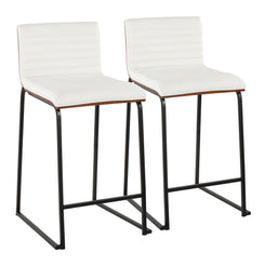 Madravine - Set of 2 - 26" Fixed-Height Contemporary Counter Stools with Black Metal Frame, Walnut Wood, and White Faux Leather by LumiSource