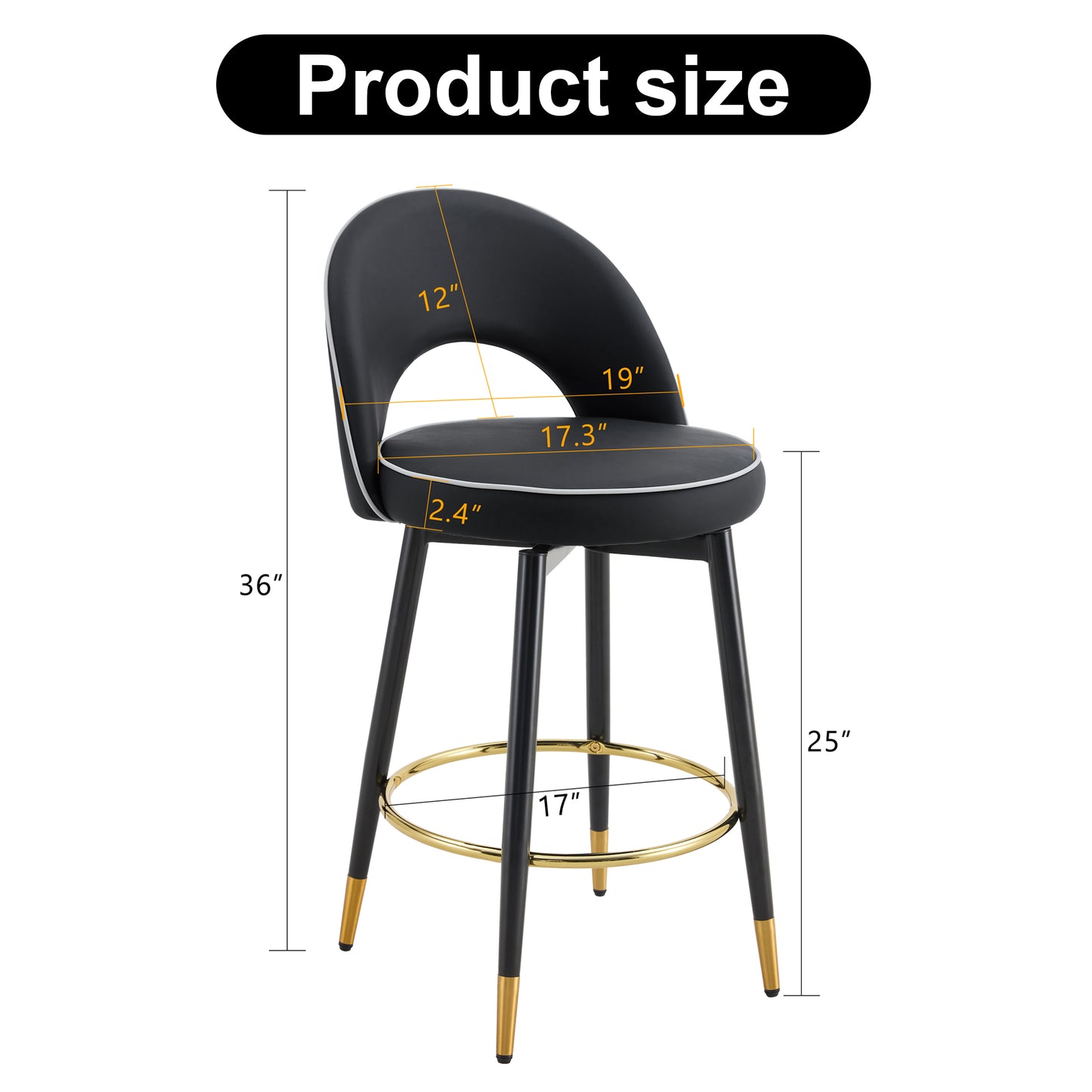 Zyfer - Set of 2 - 29" Black Bar Stools with 360° Swivel PU Leather Seats and Metal Legs