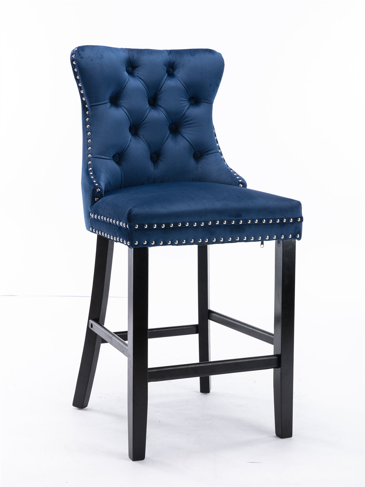 Heliora - Set of 2 - 26" Blue Velvet Upholstered Bar Stools with Button Tufted Design, Chrome Nailhead Trim, and Wooden Legs - Modern American Style