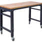 Wide Rolling Workbench For Garage, Adjustable Height, Workshop Tool Bench, Metal With Rubber Wood Top