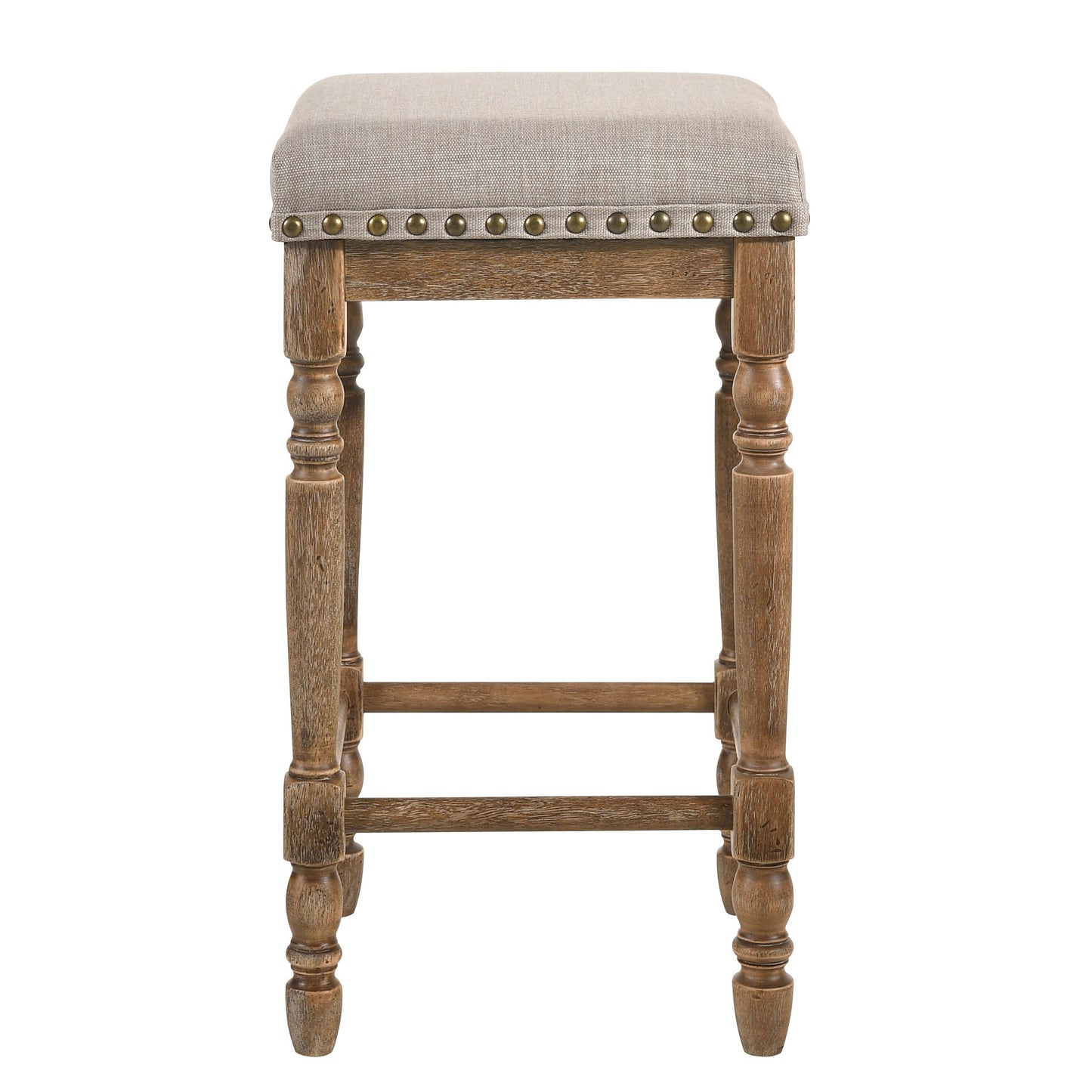 Holden - Set of 2 - 24” Beige Counter Height Stools with Weathered Oak Finish and Nailhead Trim