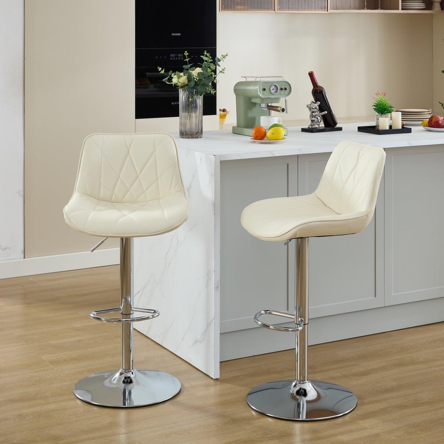 Shira - Set of 2 - 25-33" Cream PU Leather Adjustable Swivel Bar Stools with Back, Chrome Base, and Ergonomic Design for Kitchen Island or Bar