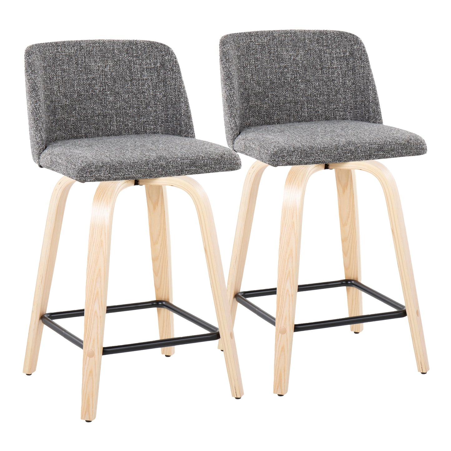 Talmix- Set of 2 - 24" Contemporary Fixed-Height Counter Stools – Natural Wood & Grey Noise Fabric, Swivel with Black Metal Footrest