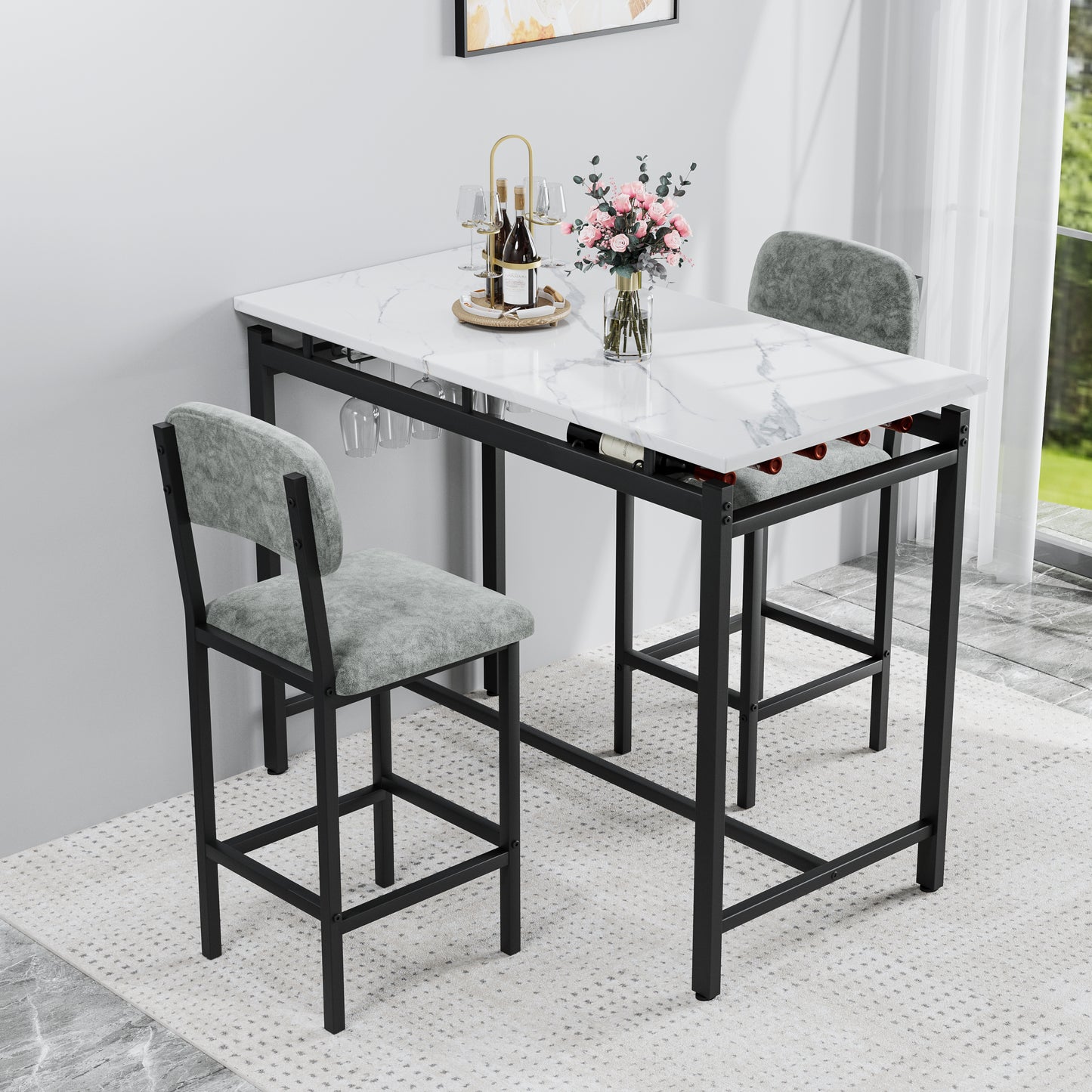 Hadria - Set of 2 - 28"  Gray Bar Table Set with 2 Upholstered Chairs, Compact Dining Table for Small Spaces, Rustic Pub and Breakfast Nook