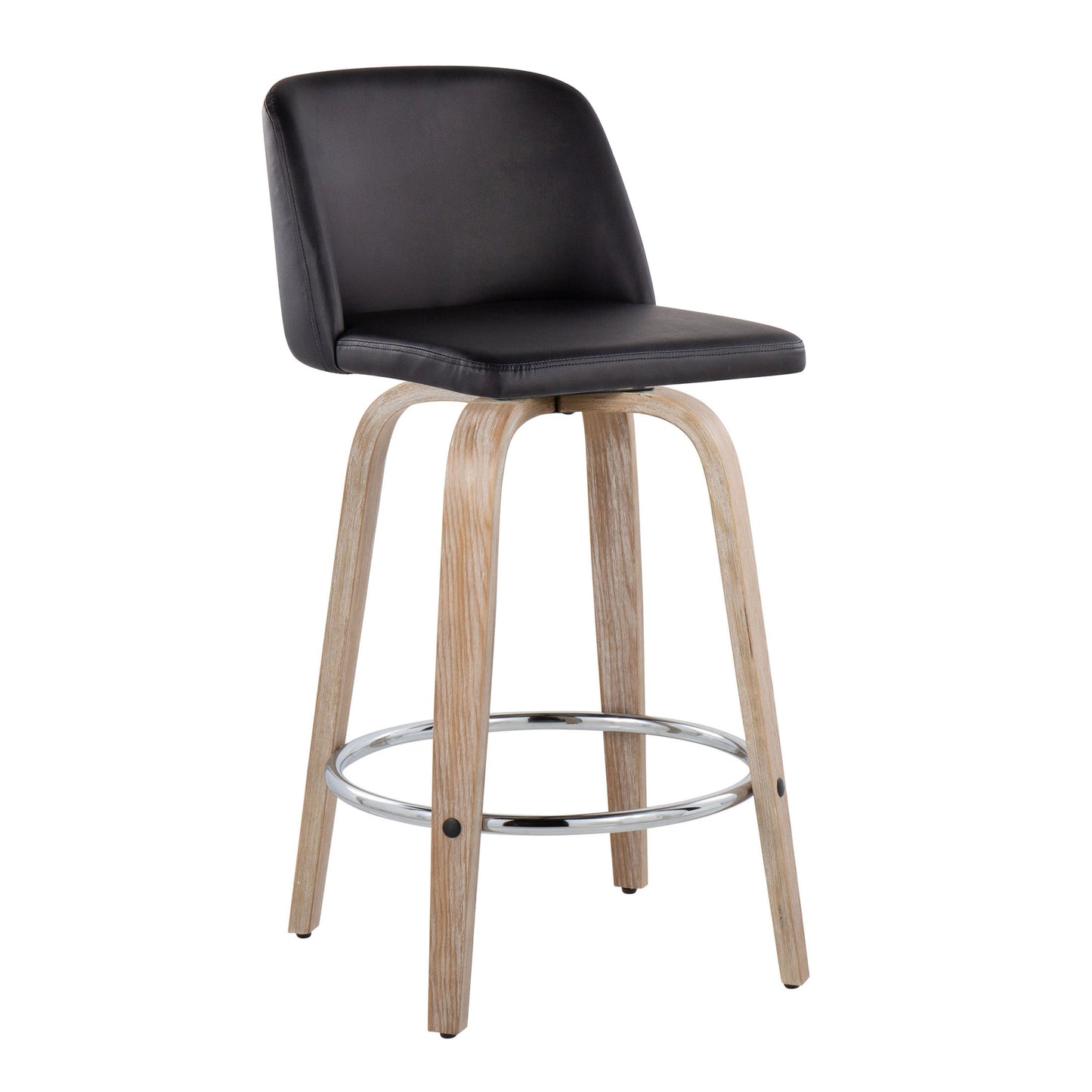 Aeromir - Set of 2 - 27" Whitewashed Wood & Black Faux Leather Swivel Counter Stools with Chrome Footrest