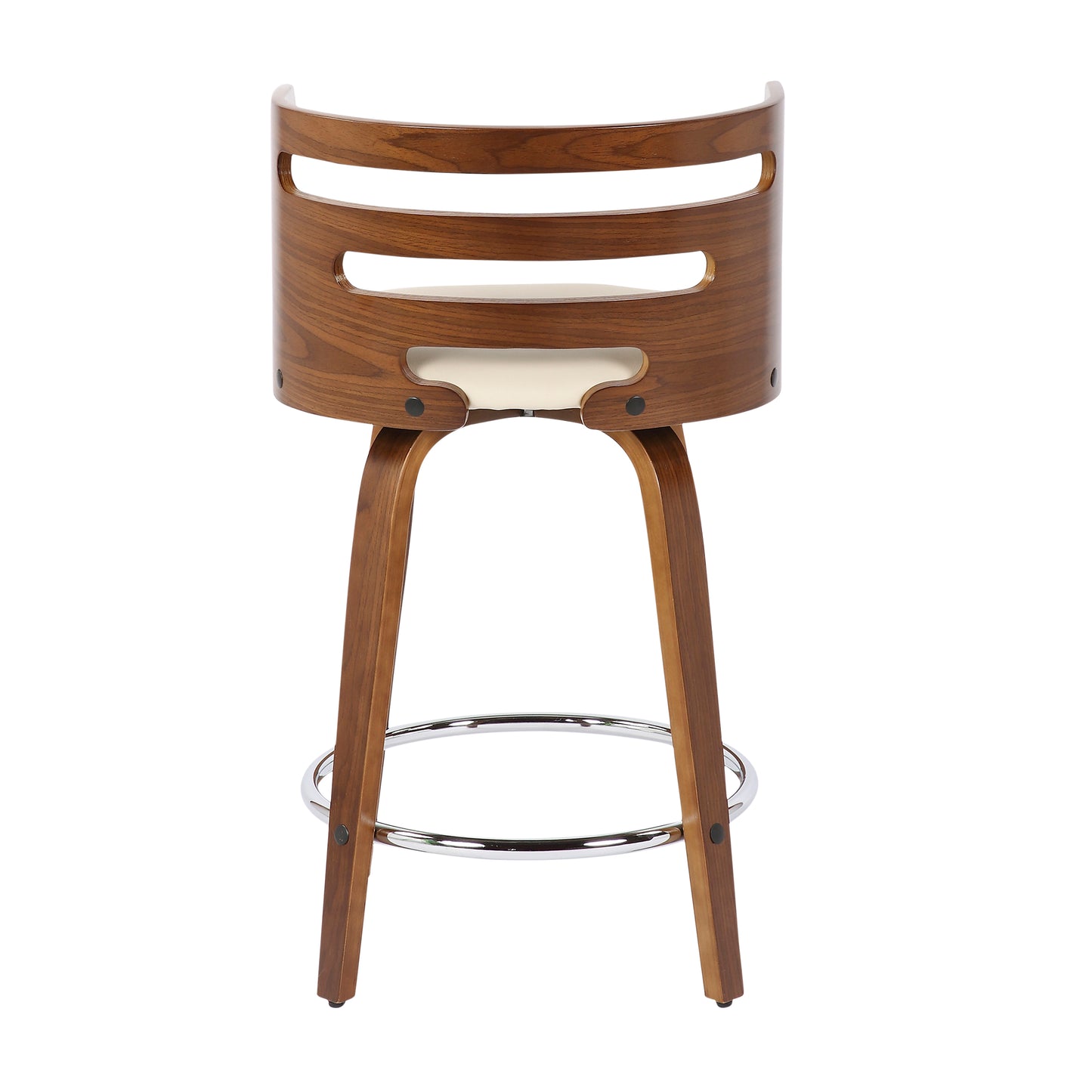 Crystelle - Set of 2 - 28" Mid-Century Modern Counter Stool, 360° Swivel, Walnut Wood & Cream Faux Leather, 18” W x 18” L x 31.75” H