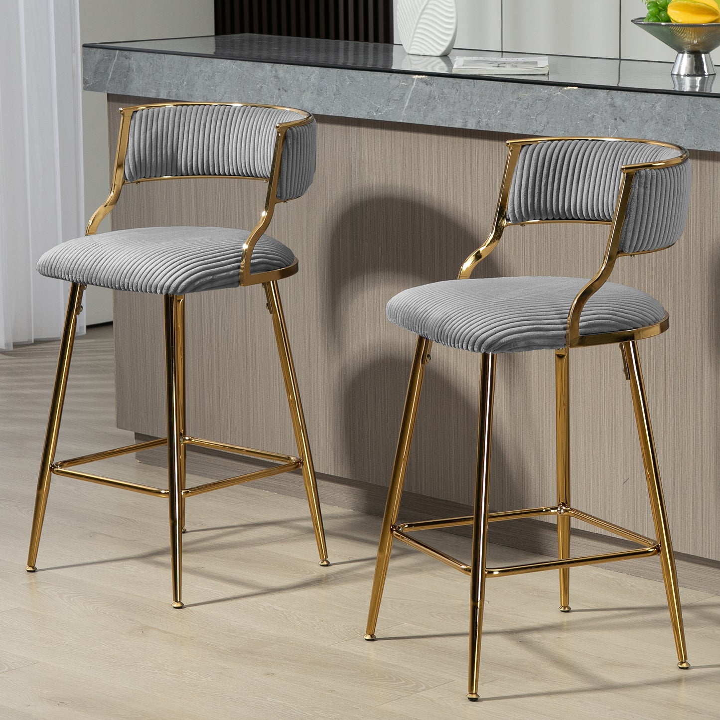 Astrid - Set of 2 - 26" Grey Corduroy Counter Height Bar Stools with Golden Chromed Base, Backrest, and Footrest