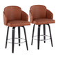 Darius - Set of 2 - 24" Black Wood Counter Stools with Camel Faux Leather Upholstery and Round Chrome Footrest