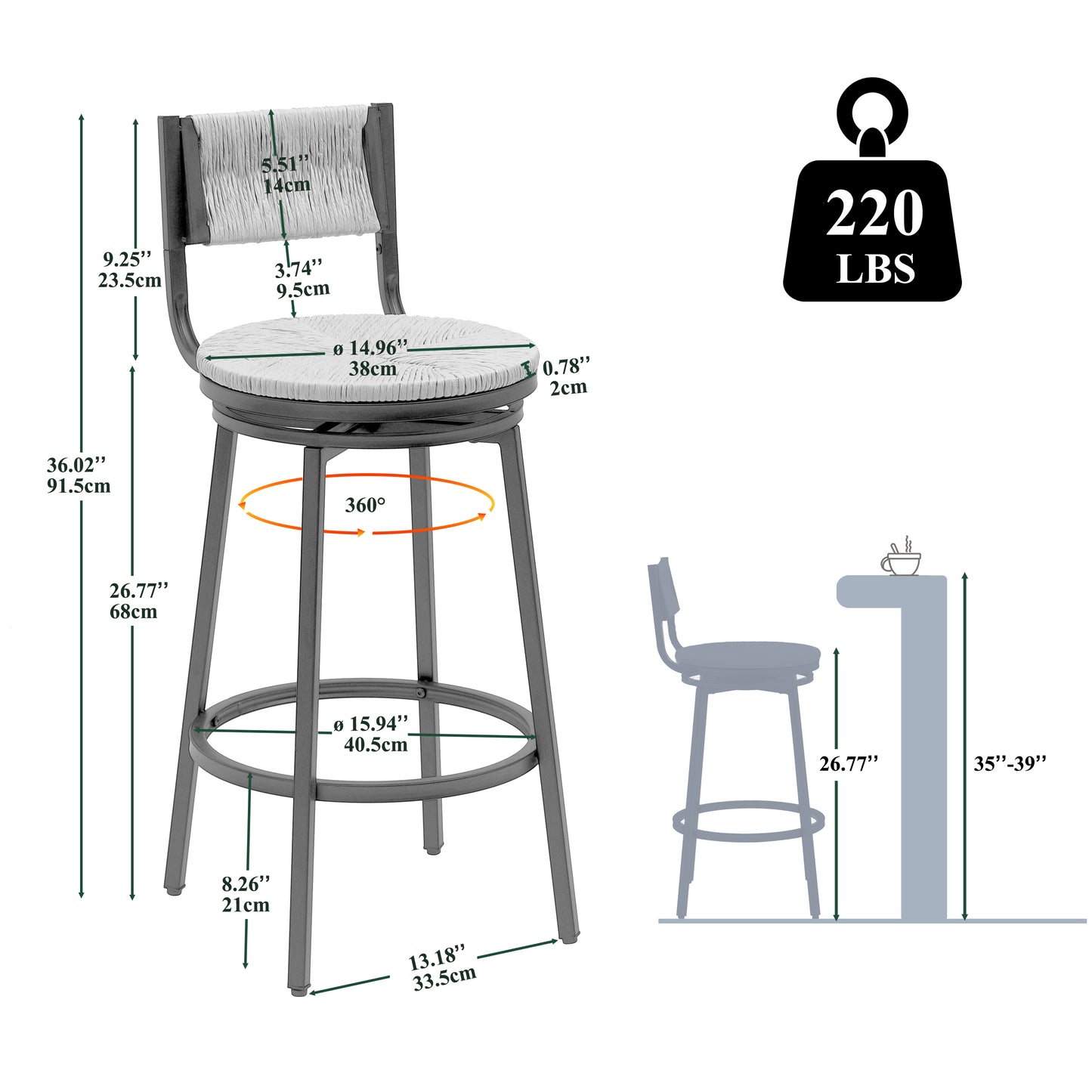 Lysander - Set of 2 - 26" Creamy White Hand-Woven Swivel Bar Stools, Black Metal Frame with Footrest, Rustic Farmhouse Style