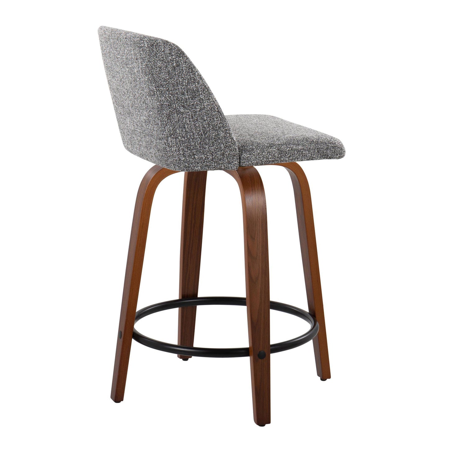 Tanas - Set of 2 - 24" Walnut Mid-Century Modern Swivel Counter Stools with Grey Noise Fabric Seat & Black Metal Footrest