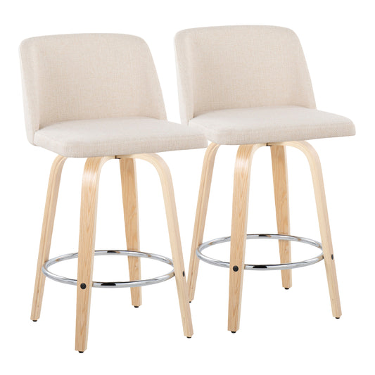 Tulia- Set of 2 - 26" Natural Wood and Cream Noise Fabric Swivel Counter Stools with Chrome Footrest