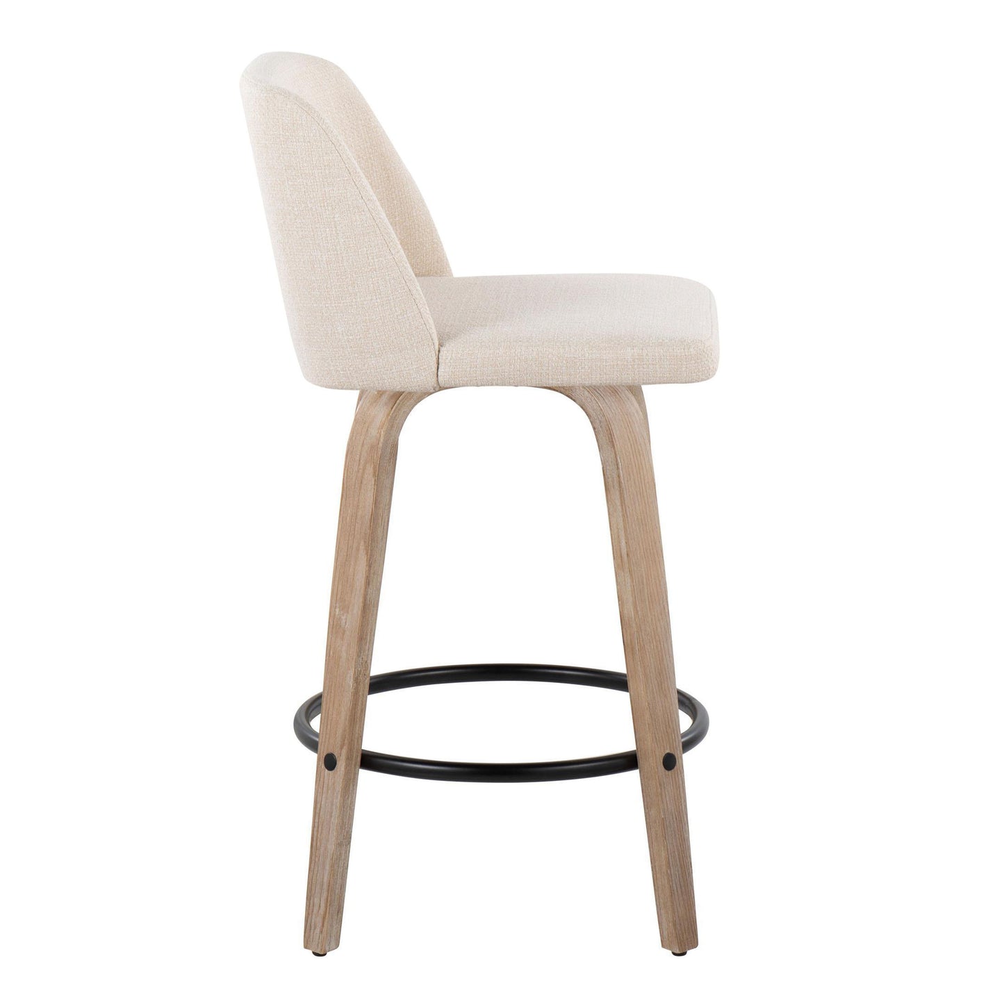 Nolan - Set of 2 - 24" Mid-Century Modern Counter Stools with Swivel Seats, White-Washed Wood Frame, Cream Fabric Upholstery, and Black Metal Footrest