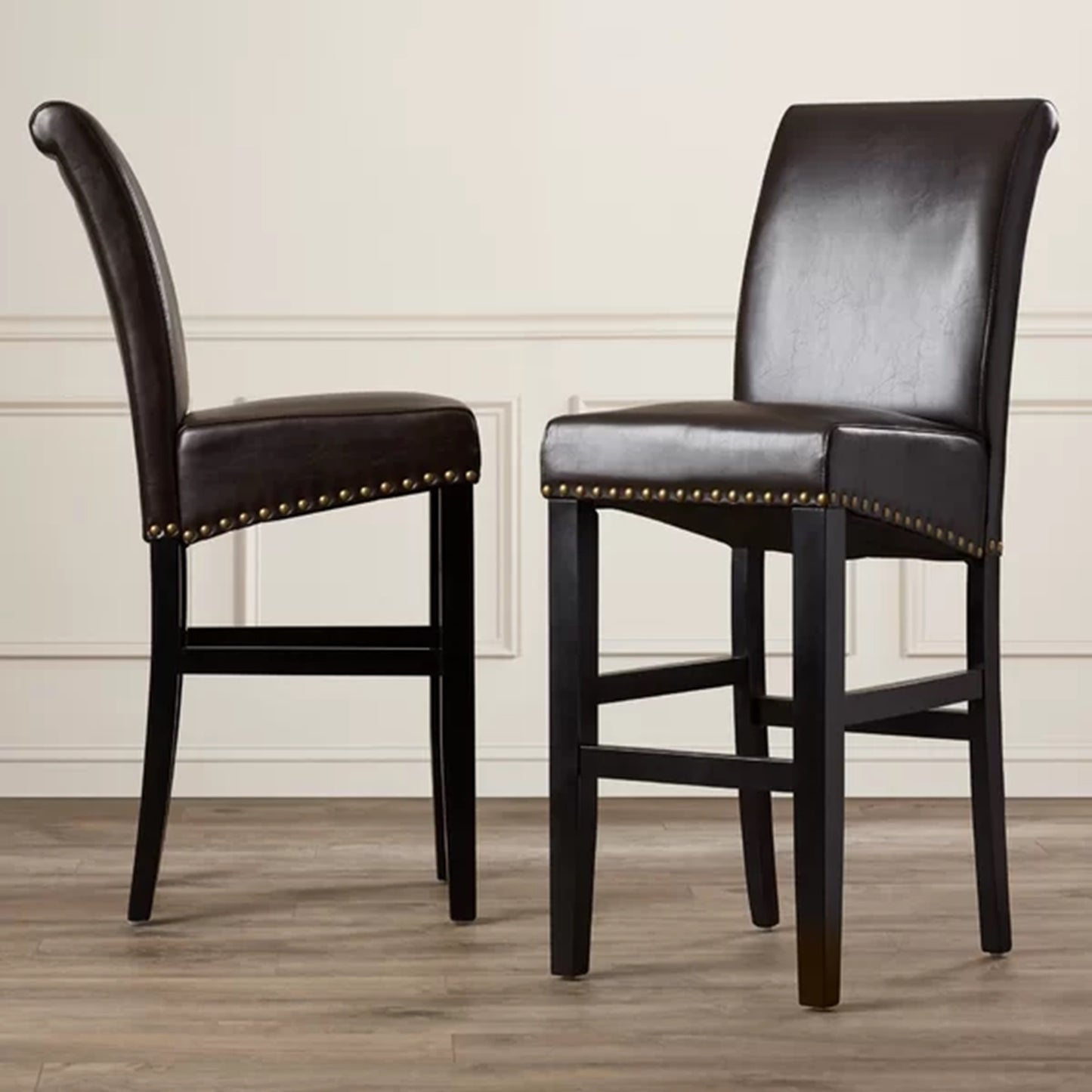 Harlan - Set of 2 - 24" Brown PU Leather Counter Stools with Gold Rivets and Black Rubberwood Legs