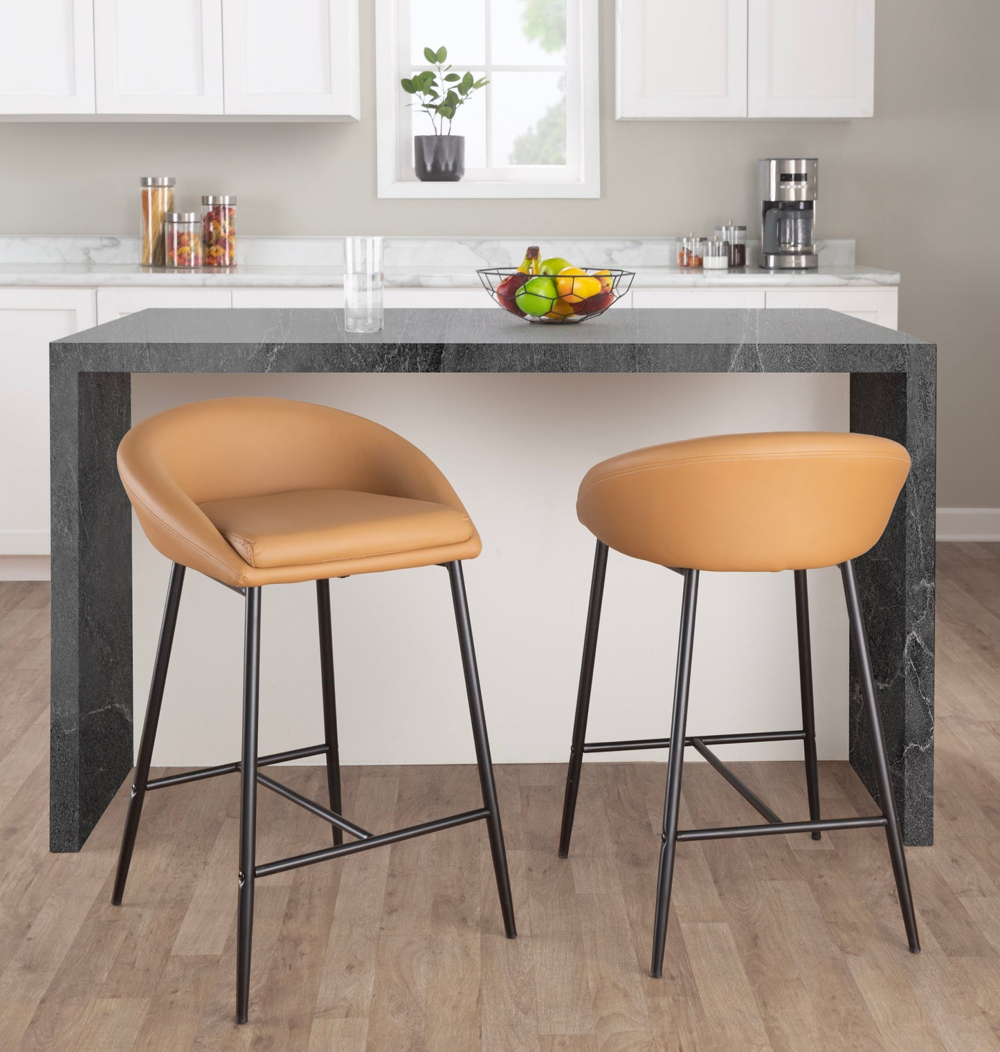 Martisse - Set of 2 - 26" Fixed-Height Camel Faux Leather Counter Stools with Black Metal Frame