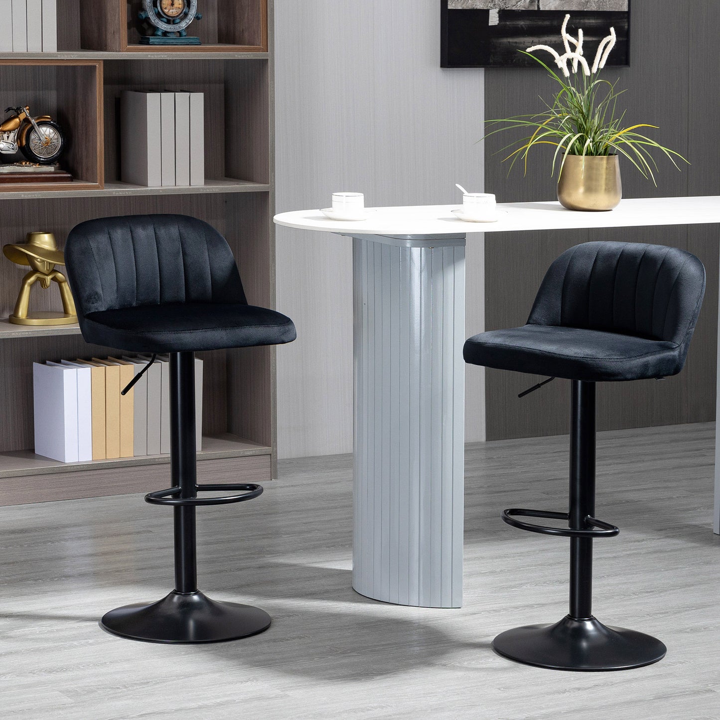 Henrick - Set of 2 - 24" to 32" Adjustable Velvet Counter Height Bar Stools with Swivel Seat, Steel Frame and Footrest in Black for Kitchen & Dining Room