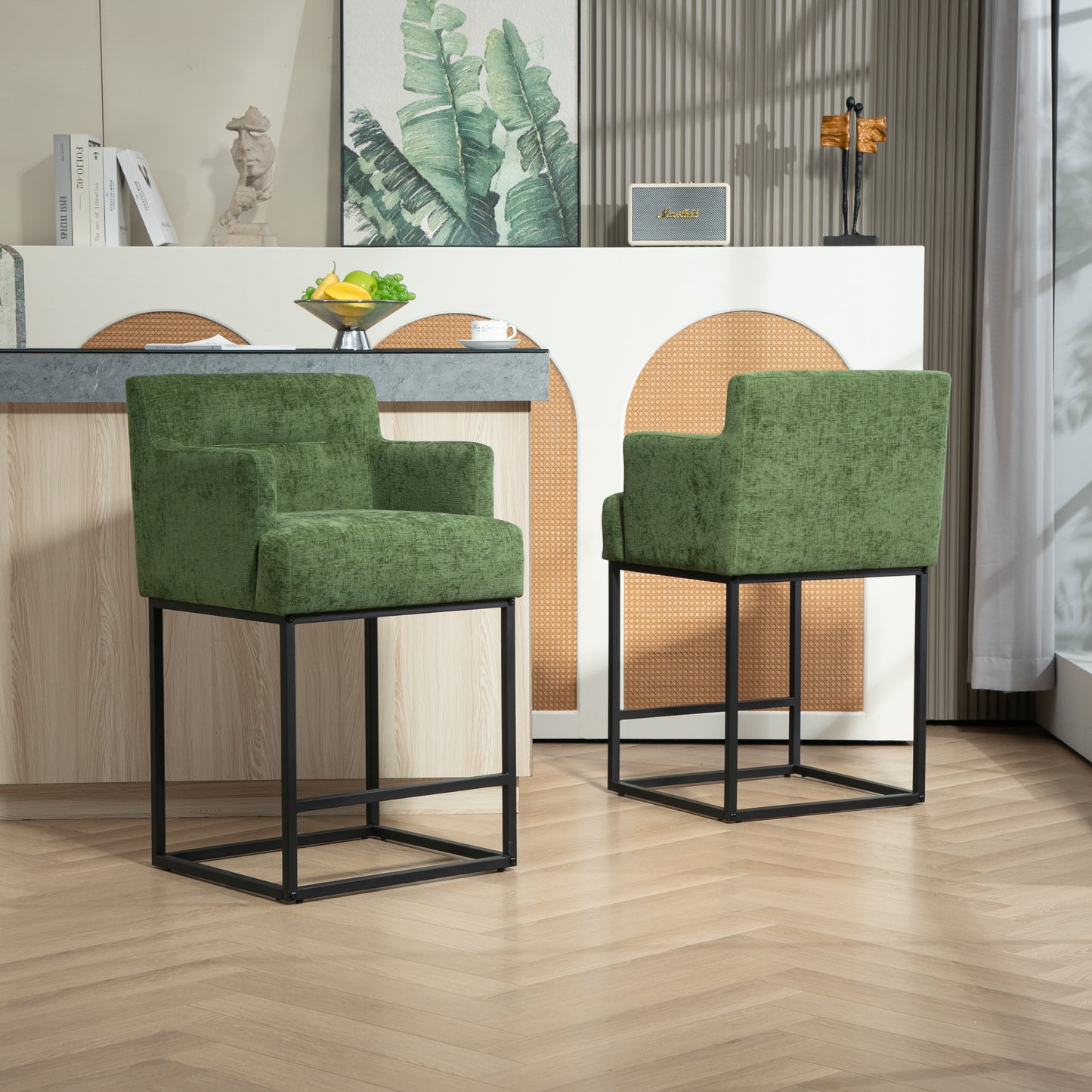 Neveo - Set of 2 - 26" Green Upholstered Chenille Counter Height Bar Stools with Black Metal Frame - Modern Square Design for Kitchen Island or Pub