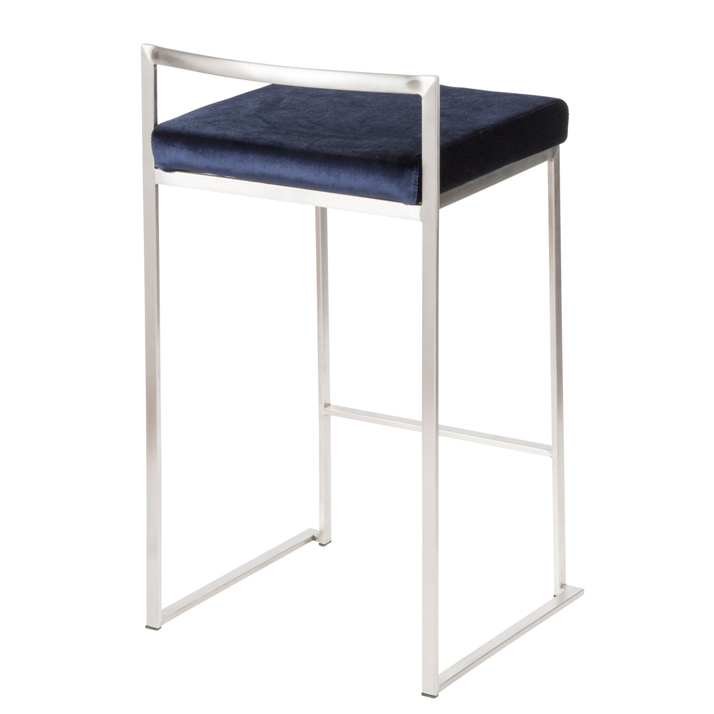 Lemox - Set of 3 - 26" Contemporary Stackable Counter Stools in Stainless Steel with Blue Velvet Cushion - 16" L x 17.5" W x 31" H