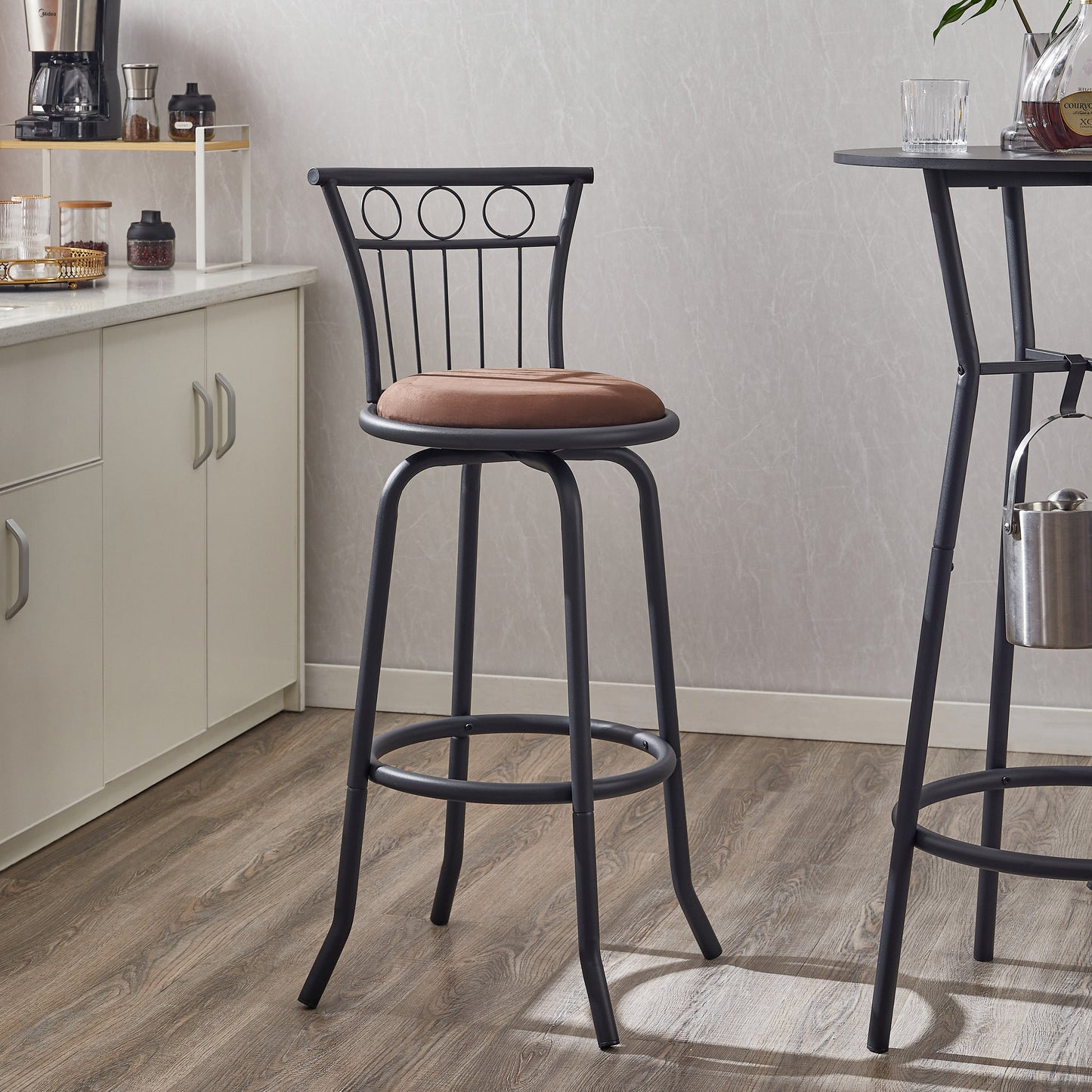 Vespero - Set of 3 - 29" Antique Brown Industrial Pub Table and Chairs with Metal Back and Fabric Seat