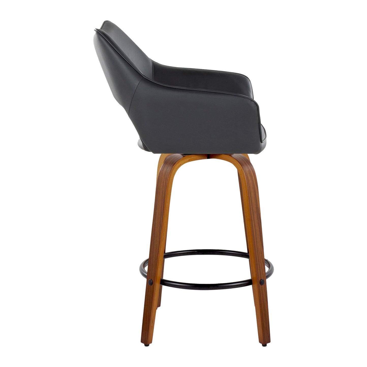 Mustang - Set of 2 - 26" Contemporary Swivel Counter Stools in Walnut Wood and Black Faux Leather with Round Metal Footrest