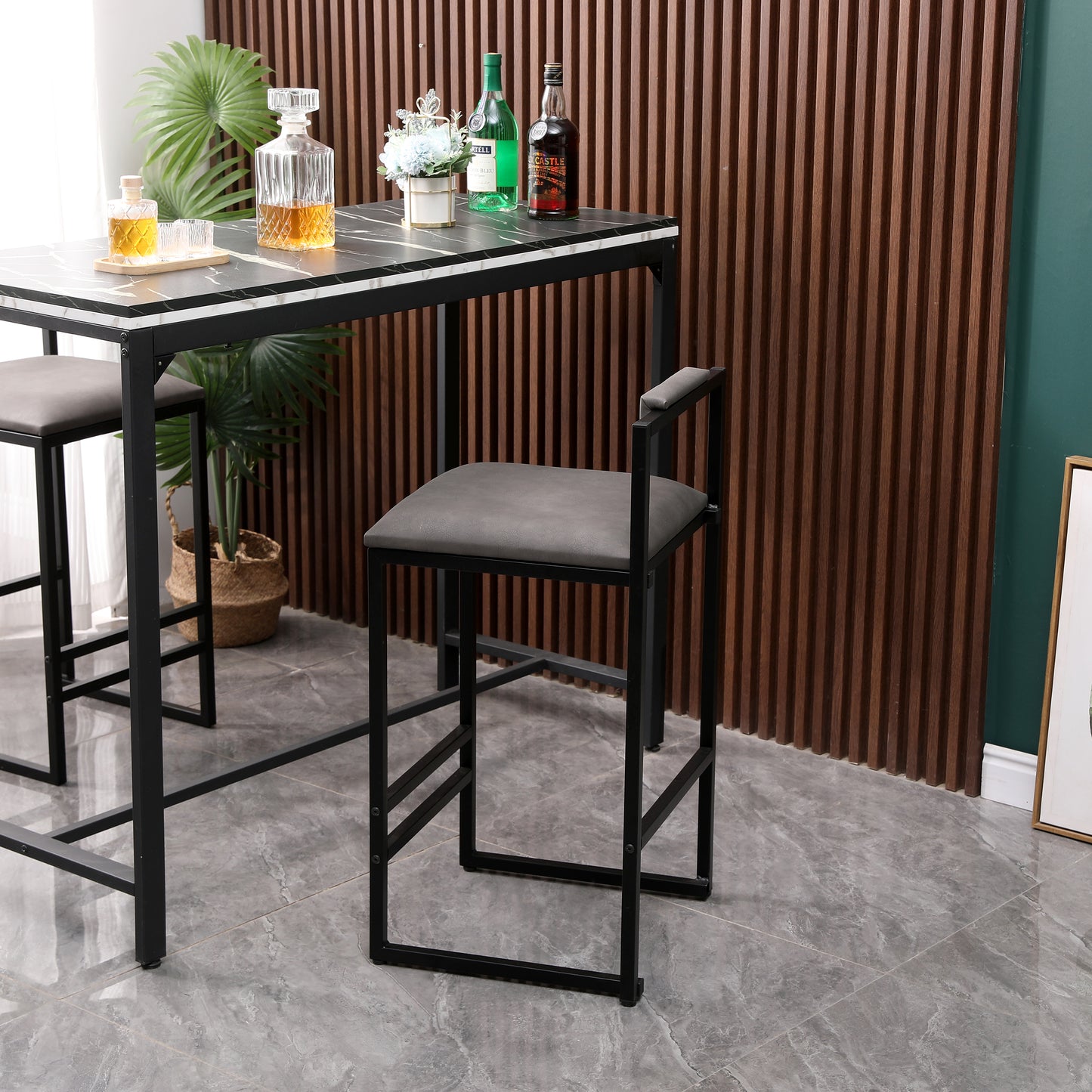 Sumner - Set of 2 - 16.54" Modern Counter Height Bar Stools with Armless Design, Gray PU Upholstered Seats & Black Metal Legs