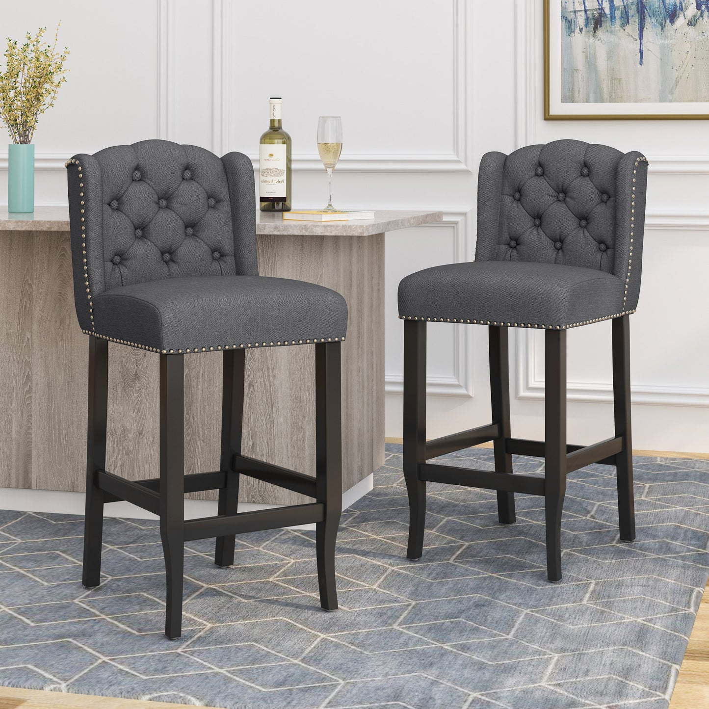 Viora - Set of 2 - 30" Charcoal & Dark Brown Fabric Tufted Wingback Counter Stools