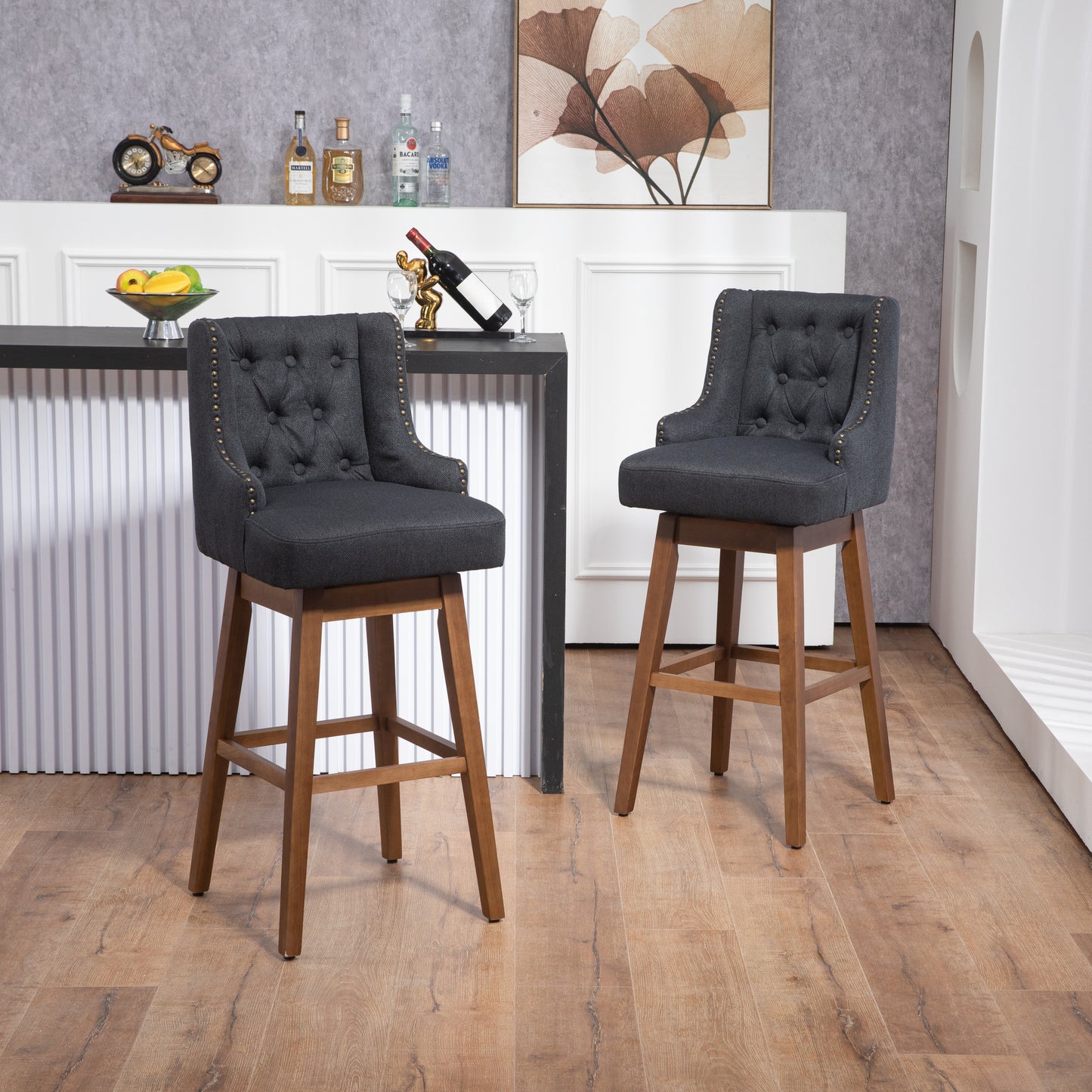 Marthlian - Set of 2 - 25" Navy Linen Counter Height Bar Stools with 360° Swivel, Footrest, Solid Wood Legs, and Retro Style for Kitchen or Dining Room