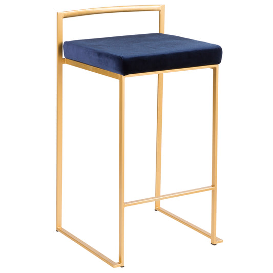 Lola - Set of 3 - 26" Stackable Counter Stools in Gold Metal with Blue Velvet Cushions