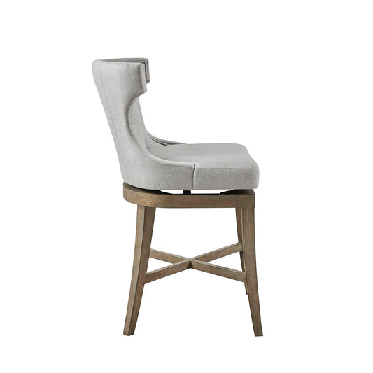 Regent - Set of 2 - 25" Light Grey Upholstered Wingback Counter Stools with 360° Swivel and Reclaimed Grey Wood Legs